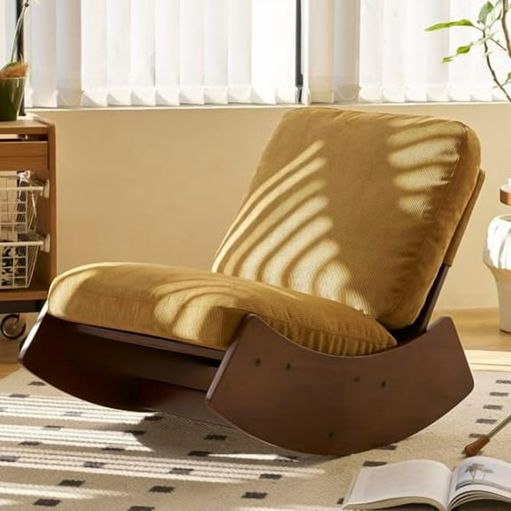 NIOIIKIT Nursery Rocking Chair, Corduroy Upholstered Glider Chair with Wood Legs, Leisure Glider Rocking Chair with Thick Seating, Accent Rocker Recliner for Living Room (Tan)