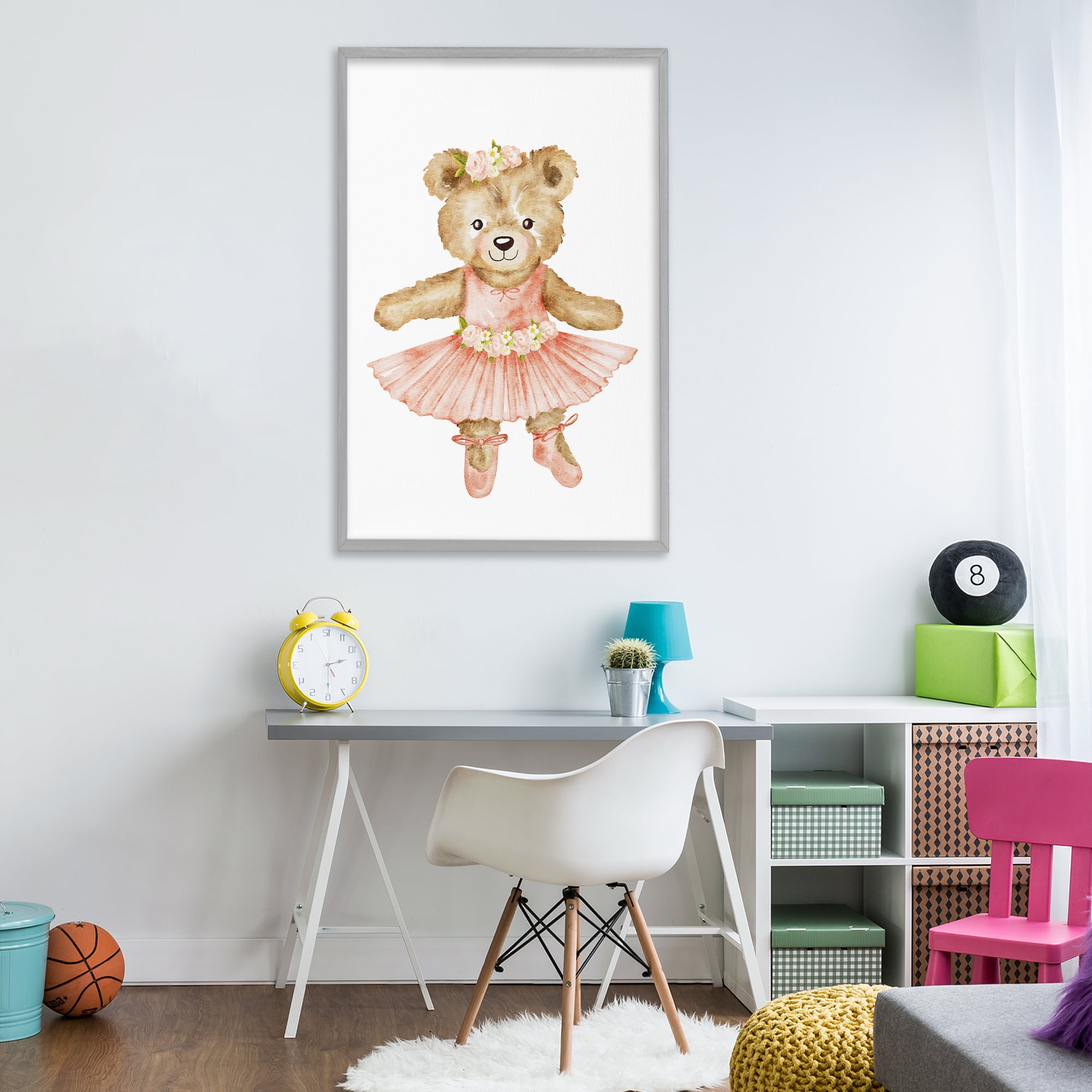 Floral Ballerina Teddy Bear Gray Framed Giclee Art, design by Amy Hall