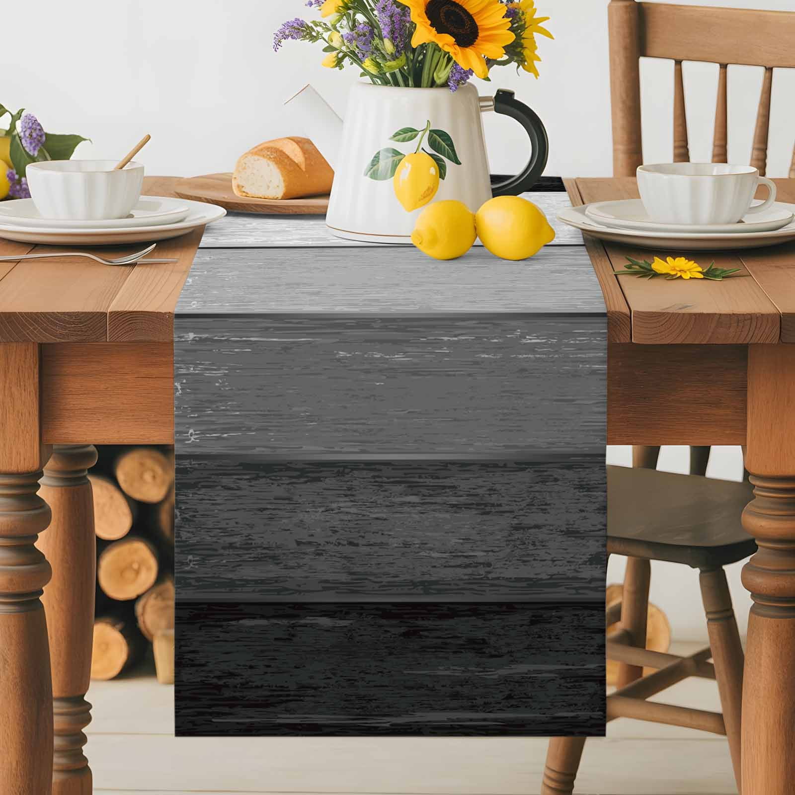 Farm Retro Wood Grain Black Gray Table Runner 90 Inches Long, Farmhouse Gradient Stripes Table Runners Tabletop Scarf Kitchen Dining Tables Decoration for Home Party Indoor Outdoor
