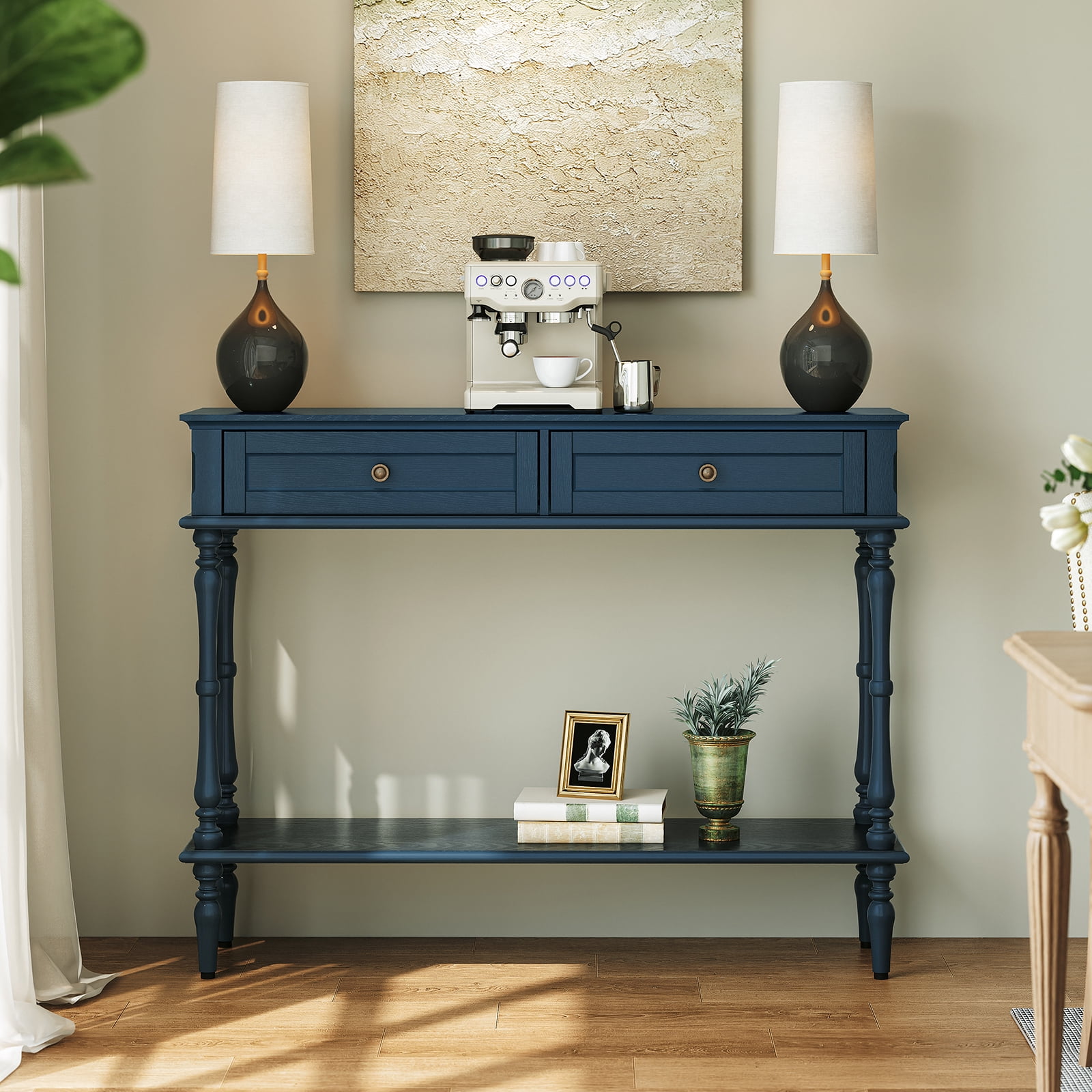 CBJCBJ40"Vintage Minimal Assembly Console Table with 2 Storage Drawers,Suitable for Living Room,Blue