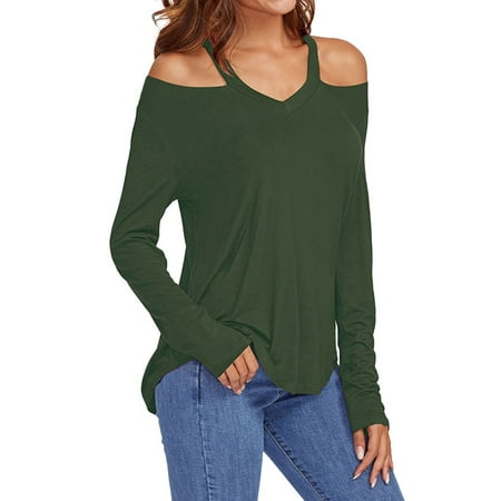 711ONLINESTORE Women's Solid Color Cold Shoulder Halter Long Sleeve Shirt