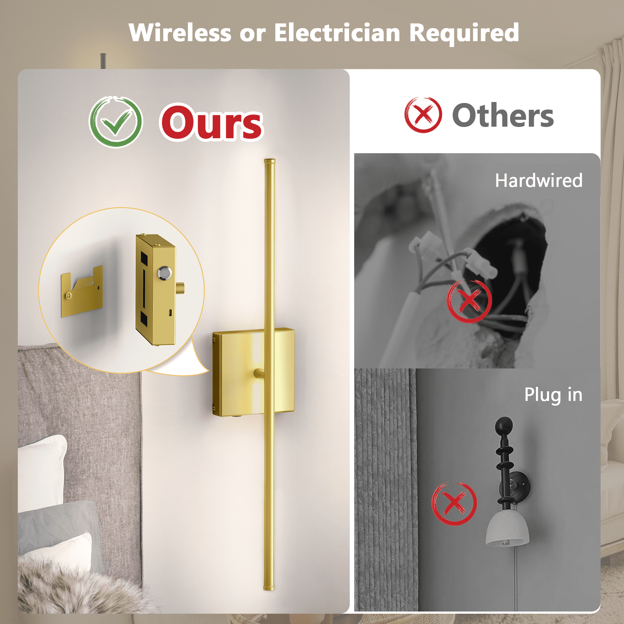 HOYOFOL Touch Light Cordless Wall Sconces, LED Rechargeable Lamp with Remote Control, Gold (2 Pack)