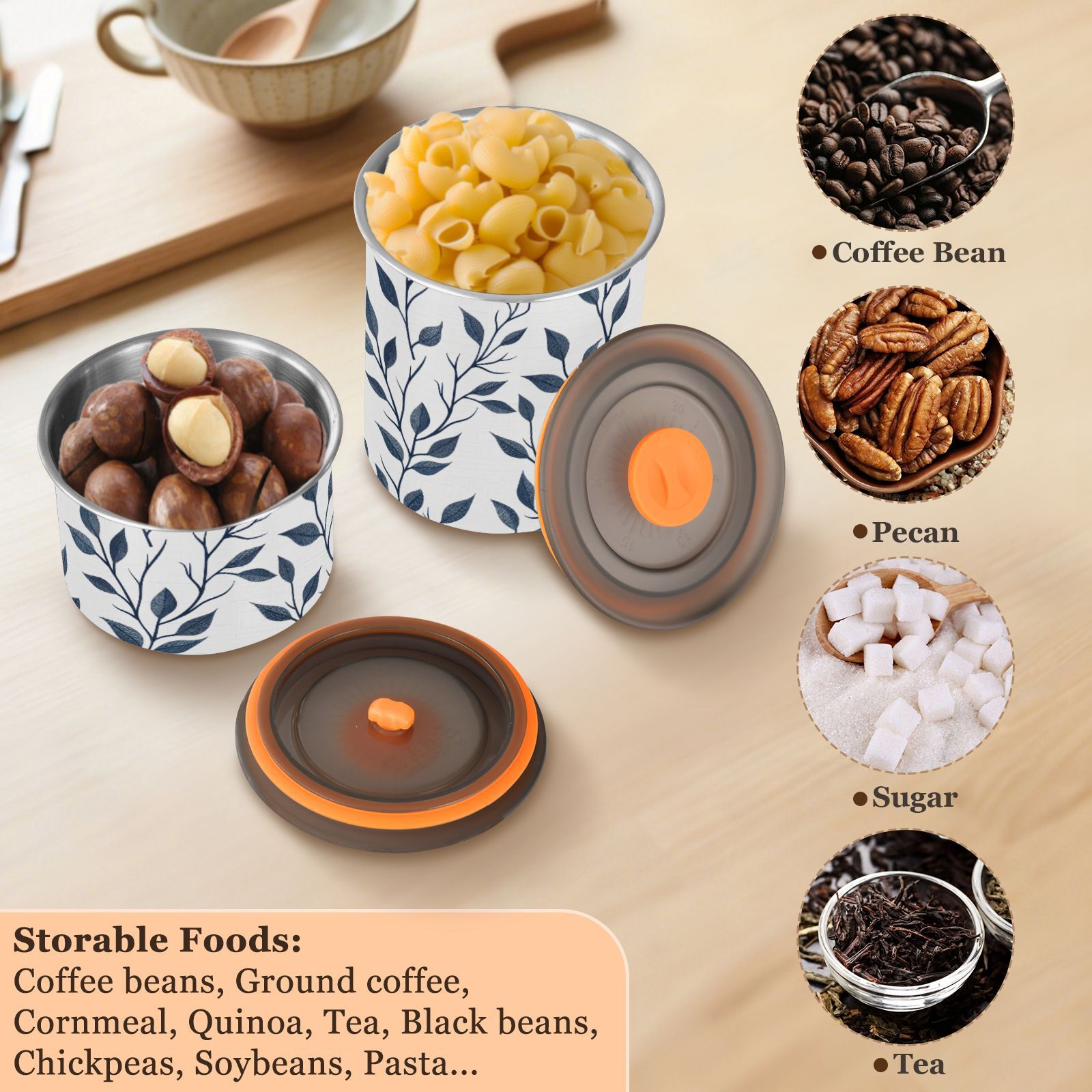 Blue Branch Leaves Airtight Coffee Bean Canister 30oz Food Storage Containers with Lids For Gournd, Tea, Sugar, Flour, Rice, Cereal, Candy Cookie Jar