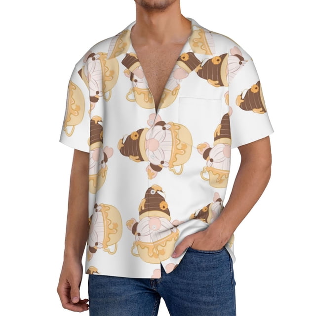Fotbe Cute Bee Gnome Camisa Estampada de Manga Corta para Hombre, Casual de Verano, Estilo Playero, Sin Arrugas-X-Large