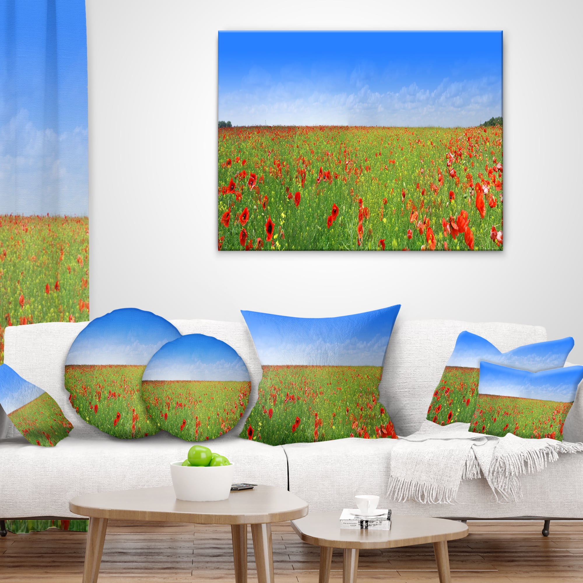 Designart Poppy Meadow Panorama - Landscape Printed Throw Pillow - 16x16