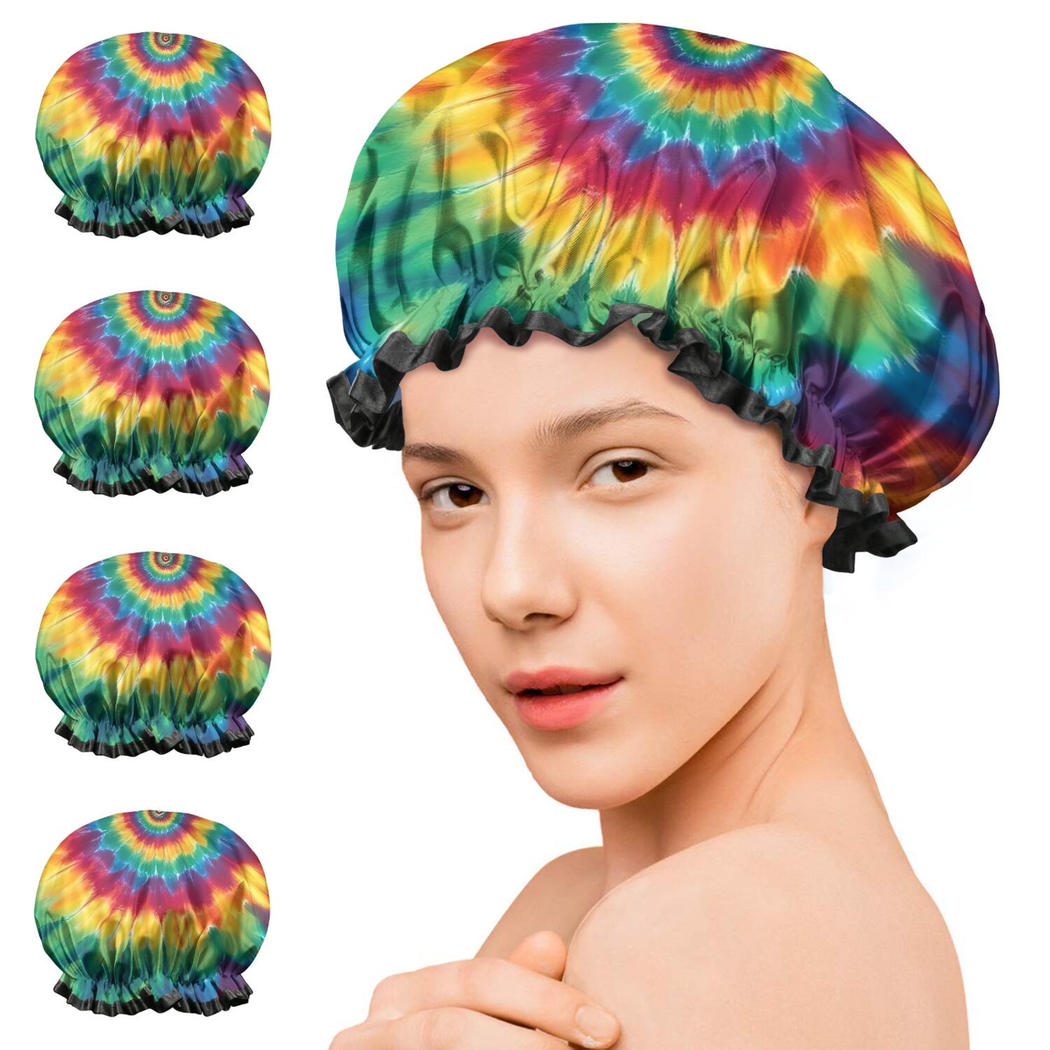 Shower Caps,Colorful Rainbow Tie Dye Spiral Pattern Waterproof Shower Cap for Women 4 Pieces,Double Reusable Hair Cover for Shower PEVA Elastic Stretch Hem