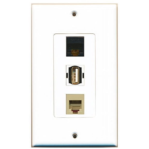 RiteAV - 1 Port USB A-A and 1 Port Phone RJ11 RJ12 Beige and 1 Port Cat6 Ethernet Black Decorative Wall Plate Decorative