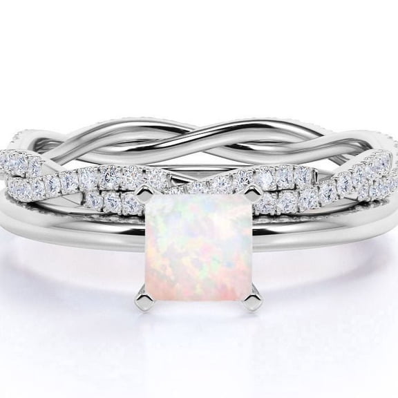 JeenMata 1.75 ct Genuine Princess Cut Opal and Moissanite Bridal Ring Set in 18K White Gold over Silver