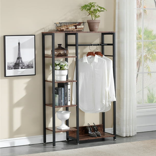 5Tier Freestanding Metal Garment Rack with Wood Shelves Open Wardrobe