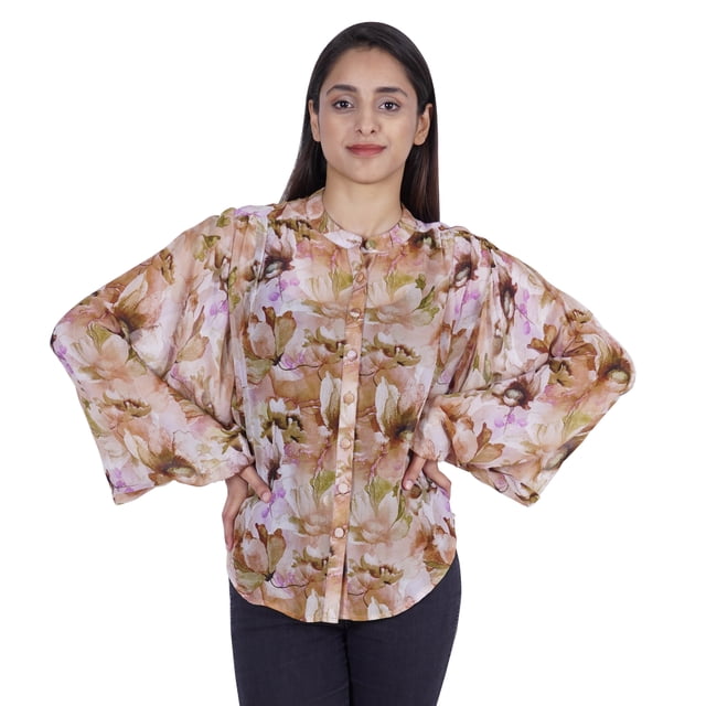 Moomaya Chemise Boutonnée Imprimée pour Femmes Col Mandarin Manches Longues Haut d'Été