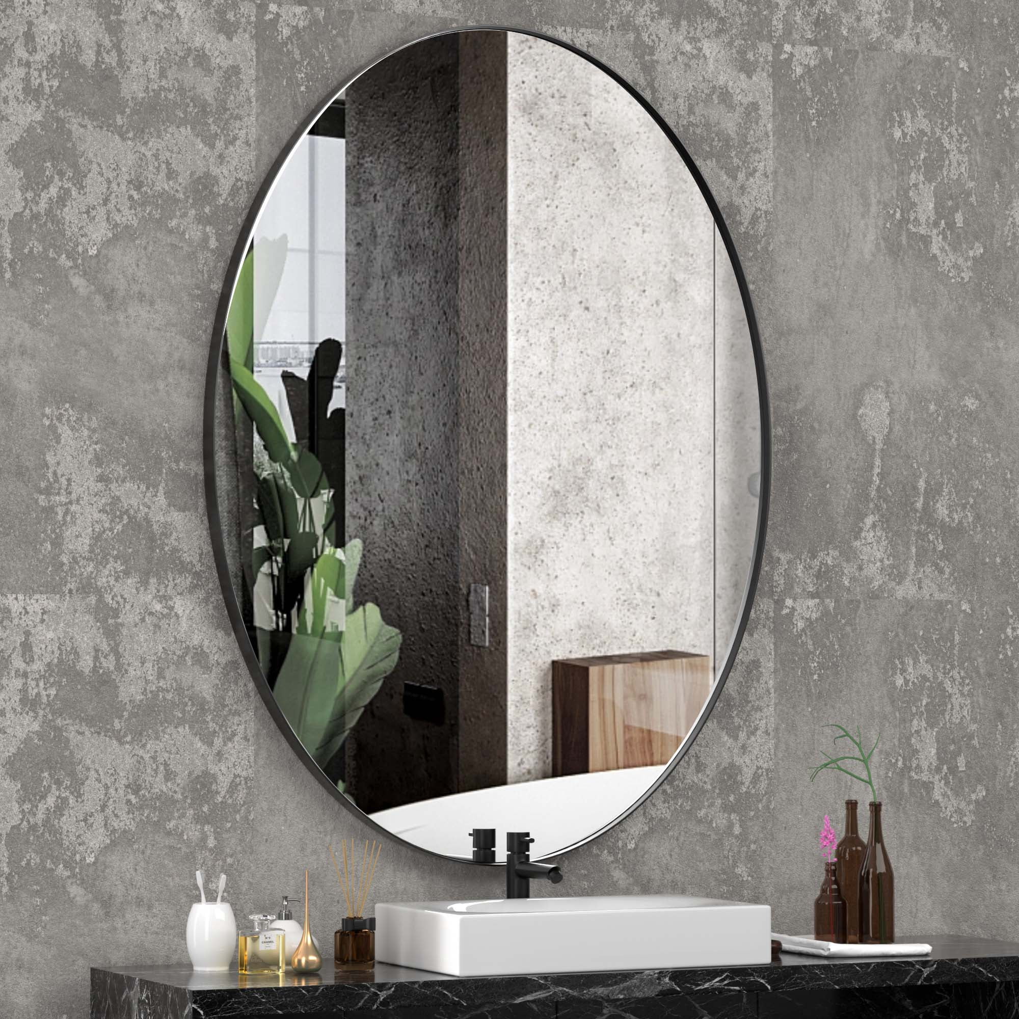 Clavie 22X30 Oval Metal Frame Mirror Bathroom Mirror Wall Mirror, Stainless  Steel Frame,Black