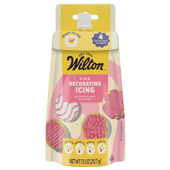 Wilton Pink Decorating Icing Pouch & 4 Piping Tips Vanilla-Flavored Medium Consistency 7.5 oz.