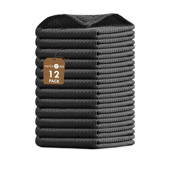 Native Fab Waffle Dishcloths, Set of 12, Cotton, 12x12 Black