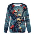 thumbnail image 5 of LEKDFST Halloween Sweatshirt for Women Funny Skull Skeleton Graphic Halloween T-Shirt Fall Winter Long Sleeve Pullover Tops Blue M, 5 of 5