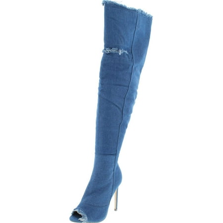 

Liliana Barbara-13 Thigh High Over Knee Denim Open Toe Stiletto Heel Boot Dark Blue Dark Blue 9