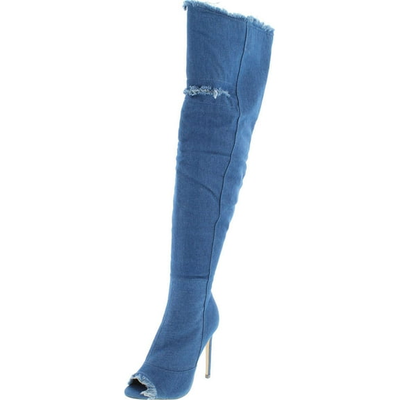 Liliana Barbara-13 Thigh High Over Knee Denim Open Toe Stiletto Heel Boot Dark Blue