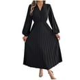 thumbnail image 2 of Njagoc3 2025 Long Sleeved V-Neck Solid Color Waist Cinched Pleated Elegant Temperament Casual Dress For Womens, 2 of 6