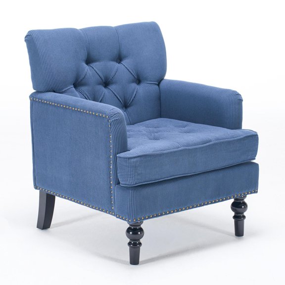 Mid-Century Modern Accent Chair, Blue Linen Upholstered Armchair with Tufted Back & Studded Trim – Comfy Reading Chair for Living Room and Bedroom