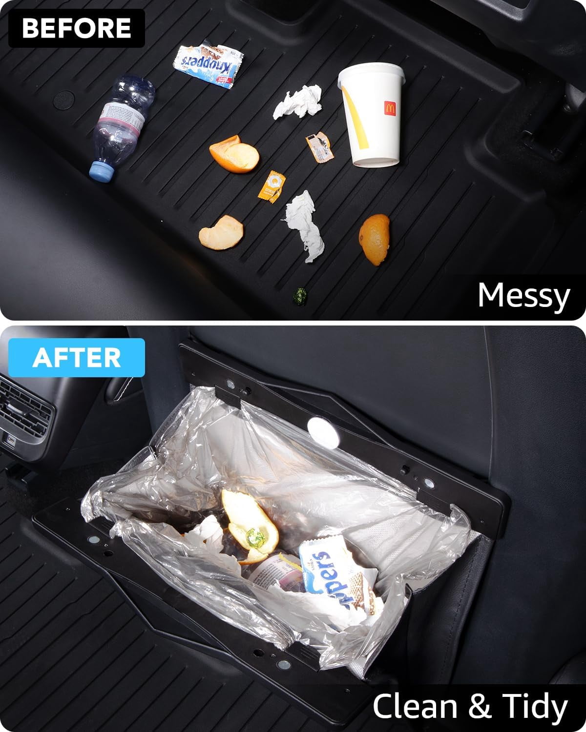 Tesla Model Y Juniper Trash Can 2020-2026 Garbage Bag Bin [Strong Magnetic Buckle] Waterproof with LED Light Faux Leather Interior Accessories 2.5 Gallons