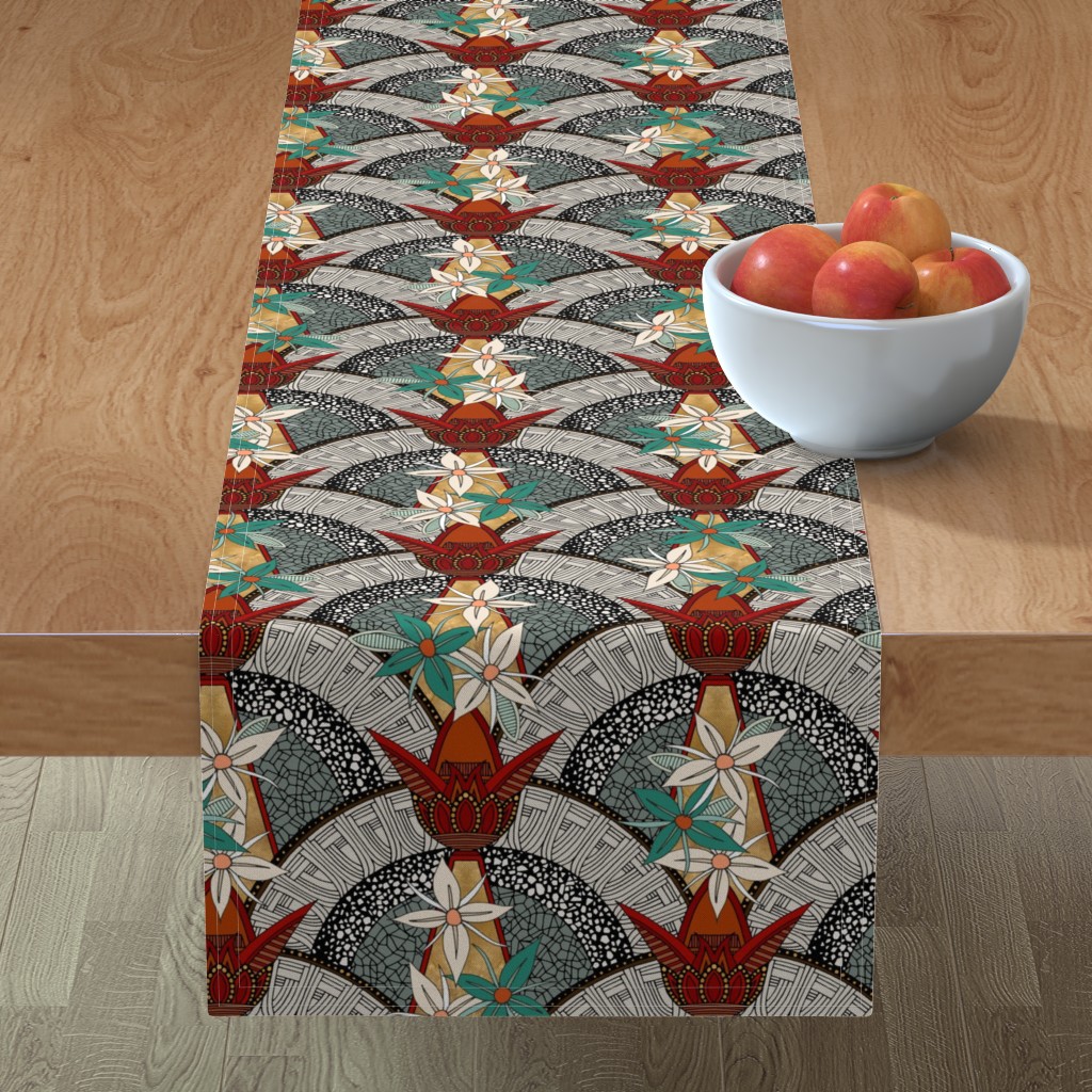 Table Runner Art Deco Floral Vintage Red Teal Yellow Illustrative