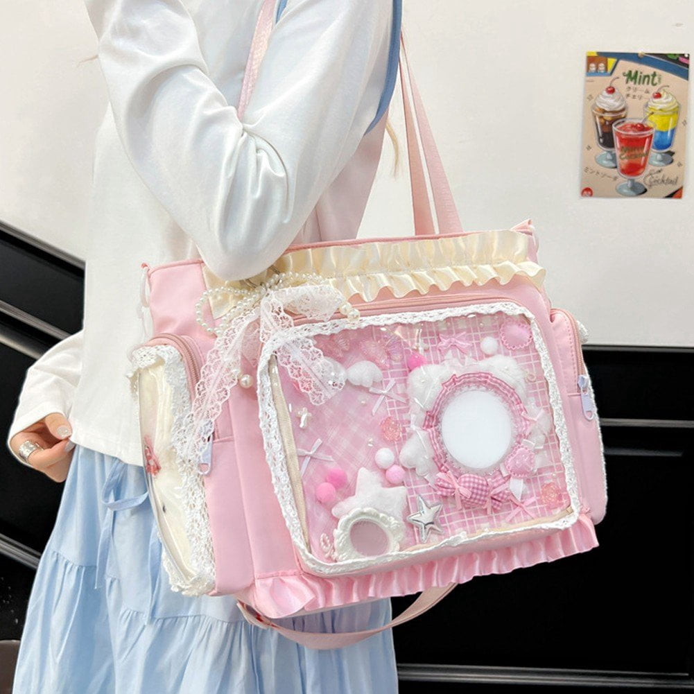 Vjnyvs Lace Decor Clear Display Crossbody Bag Nylon Tote Shoulder Bag with Bow Keychain