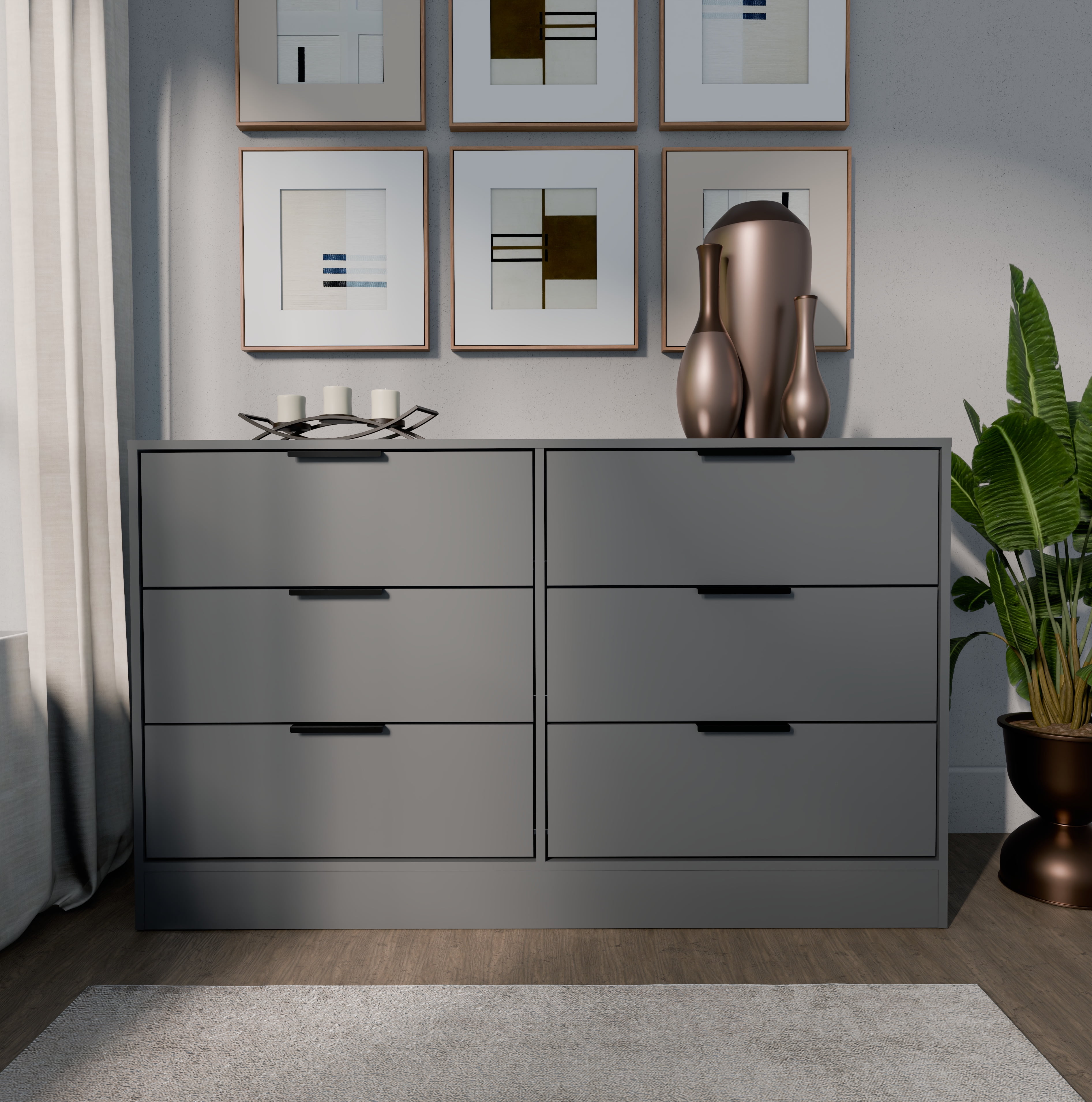 Kappesberg Fresno Modern 6-Drawer Dresser, Gray – Bedroom Storage for Adults and Teens, 32.3"H x 57"W x 17.7"D