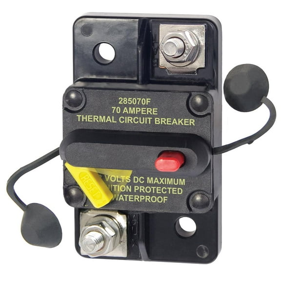 Blue Sea Circuit Breaker 7185-BSS 285 Series; 70 Amp/48 Volt DC; Surface Mount; Thermal Type; M6 Stud Terminal; Switchable/Manual Reset; Single; Ignition Protected