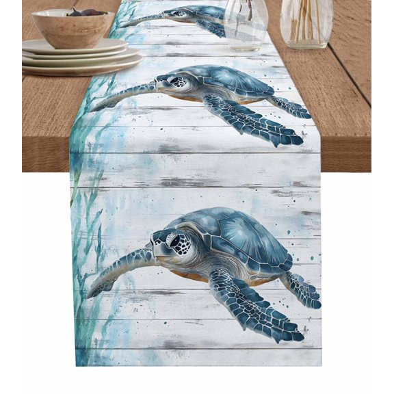 Sea Turtle Teal Green Table Runner 72 Inches, Coastal Ocean Seaweed Wood Grain Bed Runner Dresser Scarves Tabletop for Indoor Outdoor Parties/Ceremony/Banquet, 14" x 72"