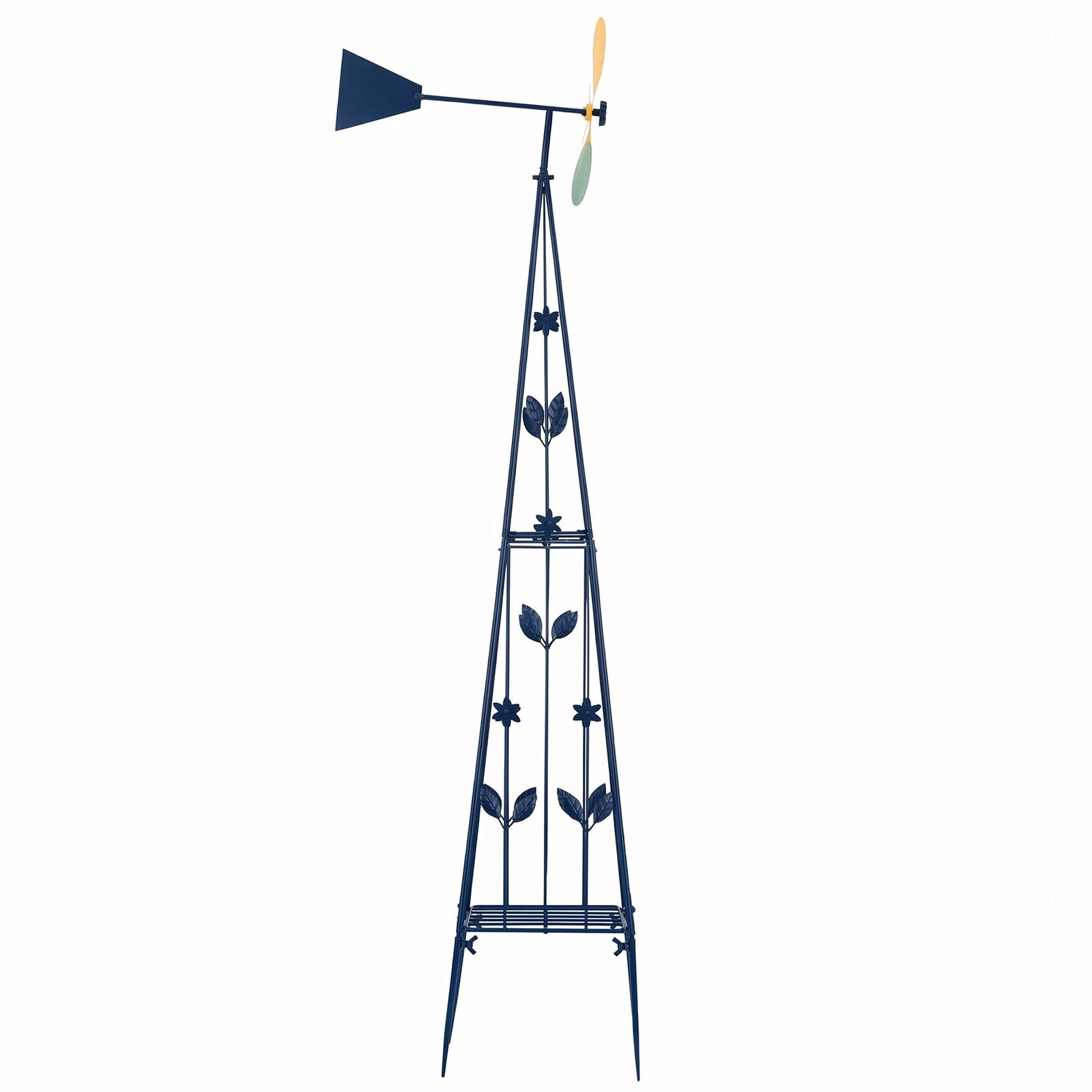 6.2ft 4-Blade Iron Windmill with 4-Leg Stand and Storage Shelf, Dark Blue