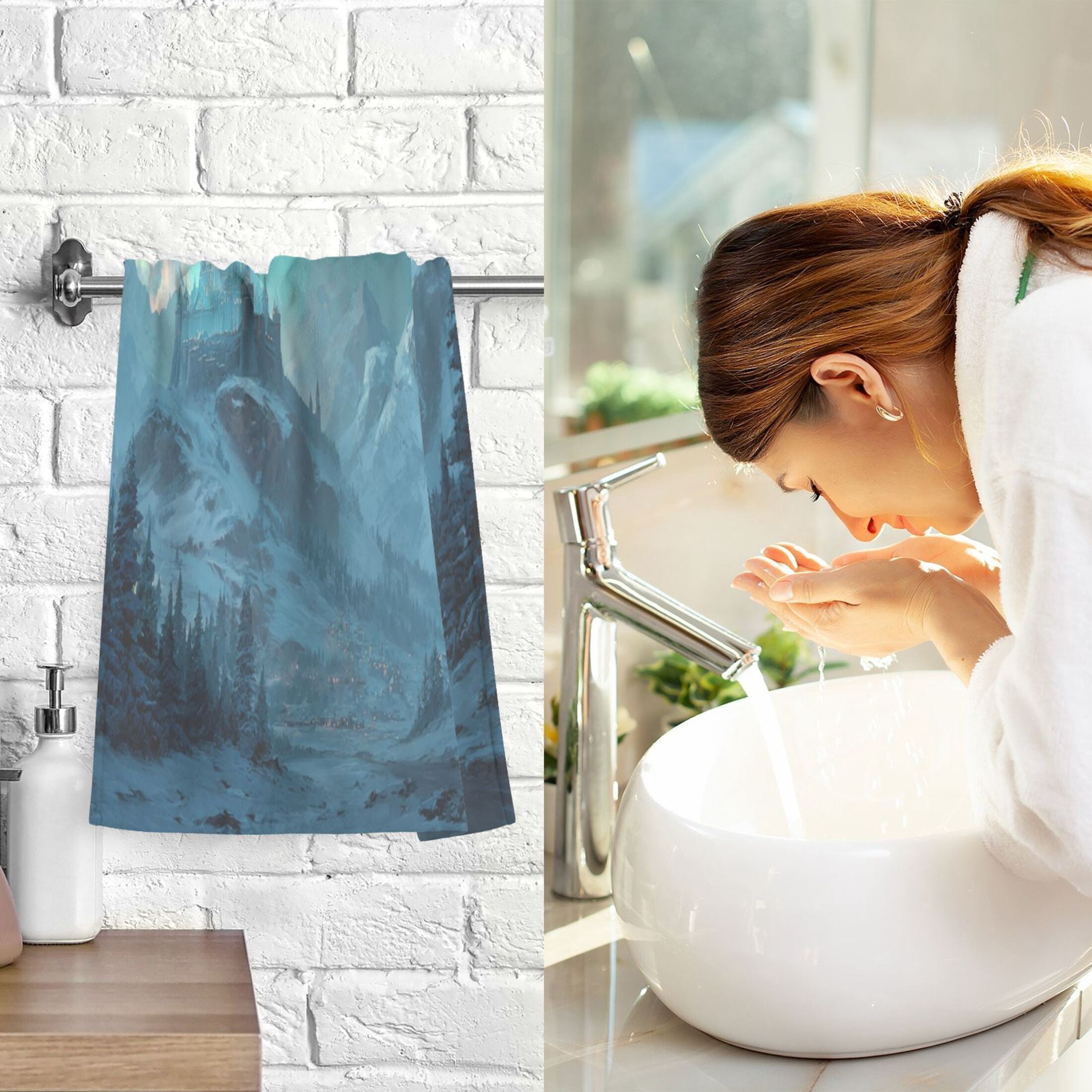2 Pieces of Cotton Towel Face Towel Set Hand Towel Bath Towel Cotton Bath Towel Sets Foggy Forest Ice Castle