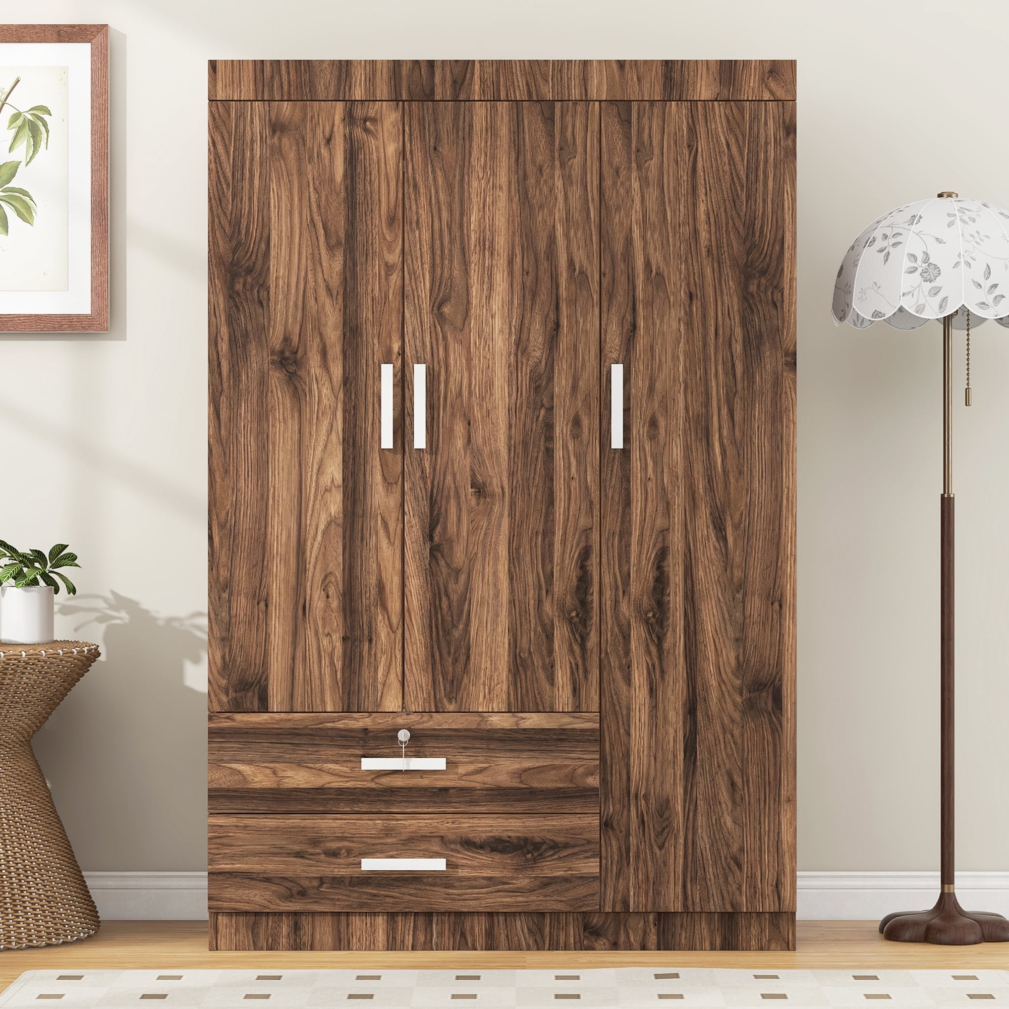 Euroco Modern 68.3" Armoire Wardrobe, 3 Door Bedroom Armoire with Drawers and Hanging Rods Kids Adults, Brown