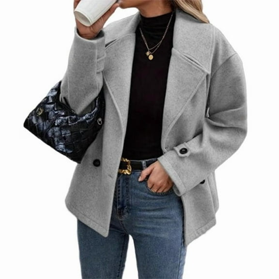 Women'S Winter Loose Fit Cropped Wool Coat Double Breasted Dressy Short Blazer Jacket Peacoat Light Gray S