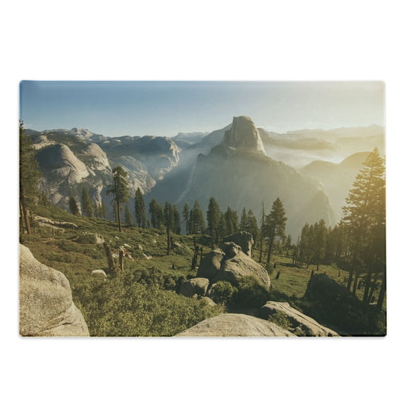 Yosemite Cutting Board, Yosemite Valley and Half Dome in Foggy Morning During Romantic Sunrise Scenery, Decorative Tempered Glass Cutting and Serving Board, Large Size, Green Beige, by Ambesonne
