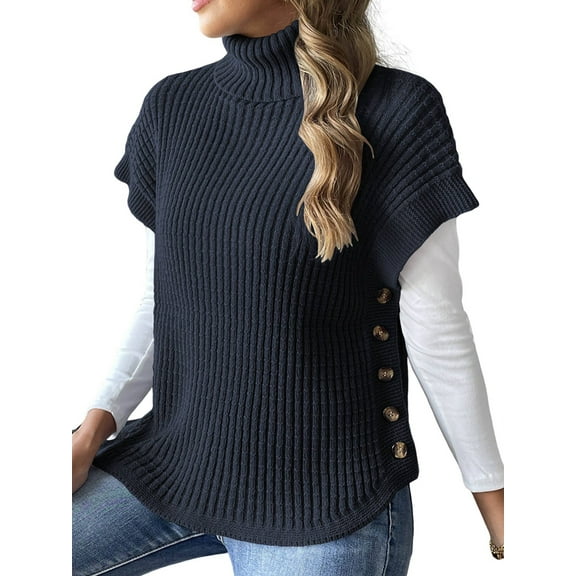 Womens Cap Sleeves Sweater Vest Turtle-Neck Ribbed Knit Tank Tops Basic Slim Fit Top Navy Blue One size