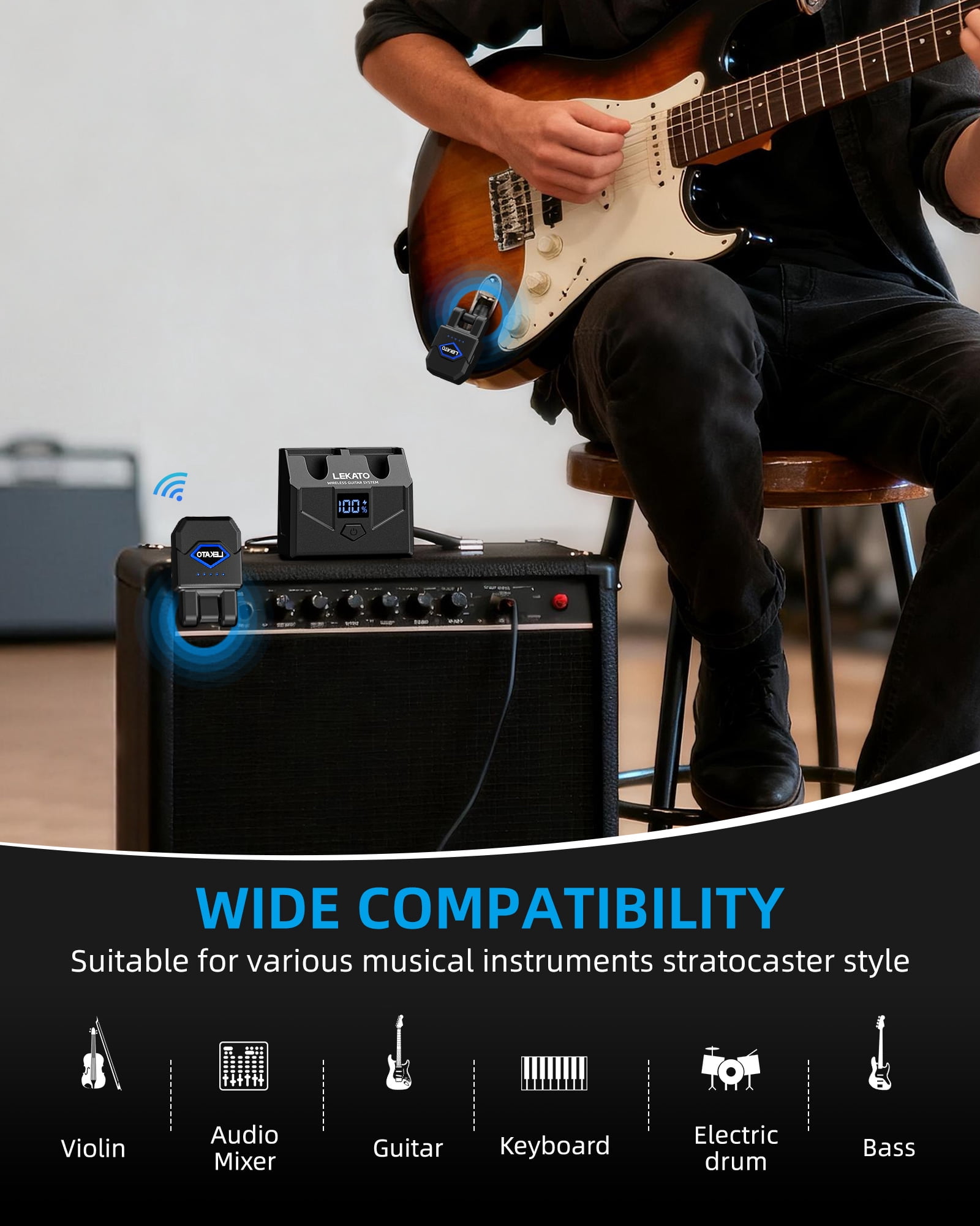 LEKATO WS-200 2.4GHz Wireless Guitar Transmitter & Receiver Set with Charging Case,15 Hours Battery Life, 4 Channels, Rechargeable 1/4" Plug for Guitar, Bass and Electric Instruments