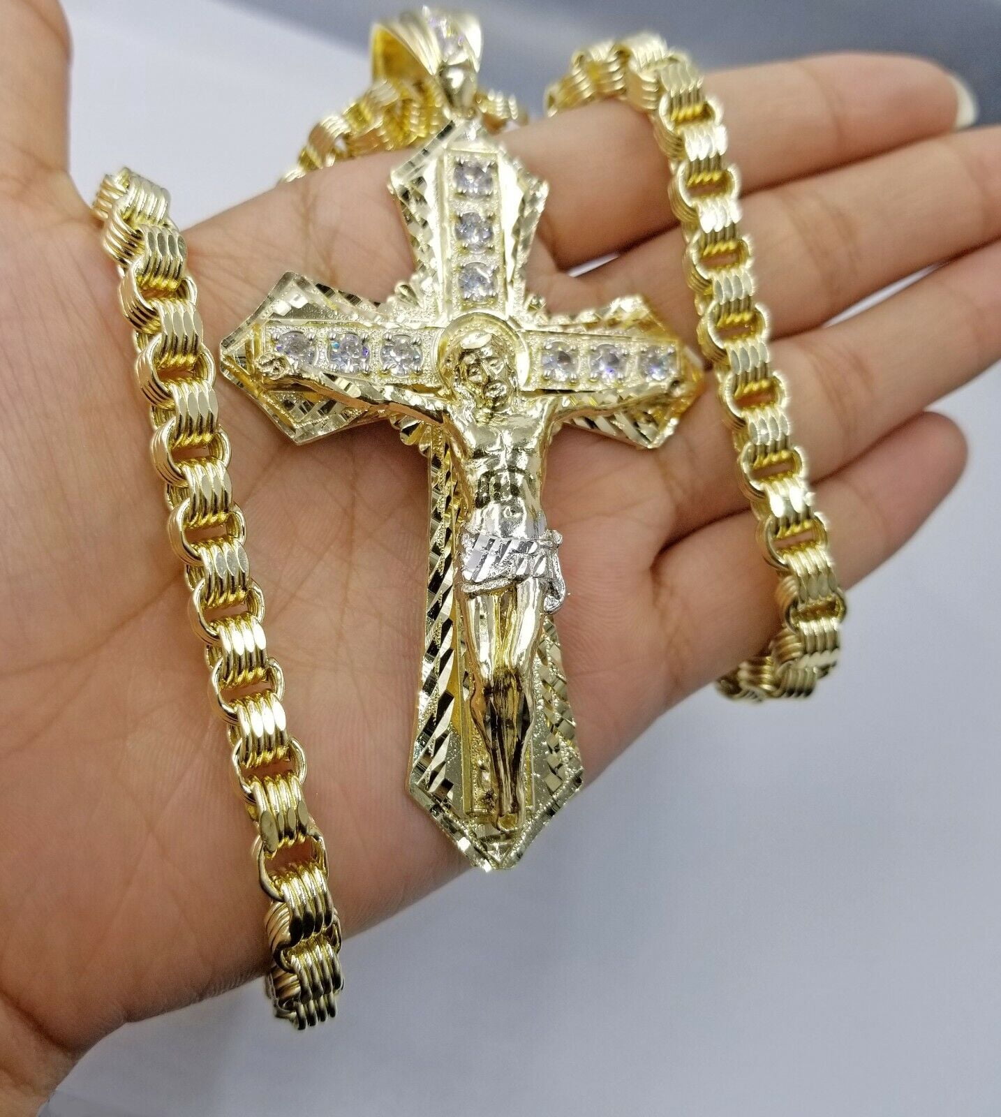 10k Gold Mens Byzantine Box Necklace 26" Cross Charm Pendant Jesus (length:Chain with Charm;)