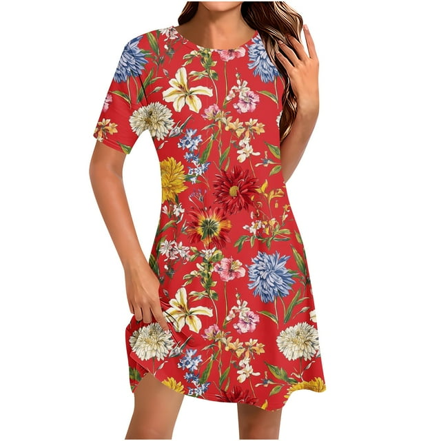 Vestido Corto para las Mujeres Cuello Redondo Manga Corta Impresa Suéter, Moda Casual Estilo Línea