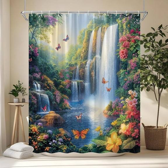 Waterfall Shower Curtain Rustic Floral Butterfly Forest Tropical Green Plant Lake Spring Garden Nature Landscape Bathroom Decor Set with Hooks-36"W x 72"L (Pack of 1)