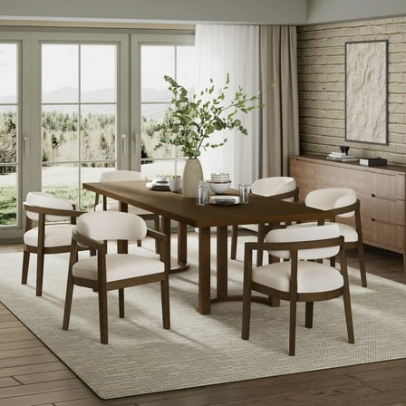 Christopher Knight Home 7-Piece Dining Set with 95" Wood Table, Curved Back Upholstered Armchairs, Walnut & Beige
