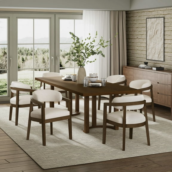 Christopher Knight Home 7-Piece Dining Set with 95" Wood Table, Curved Back Upholstered Armchairs, Walnut & Beige