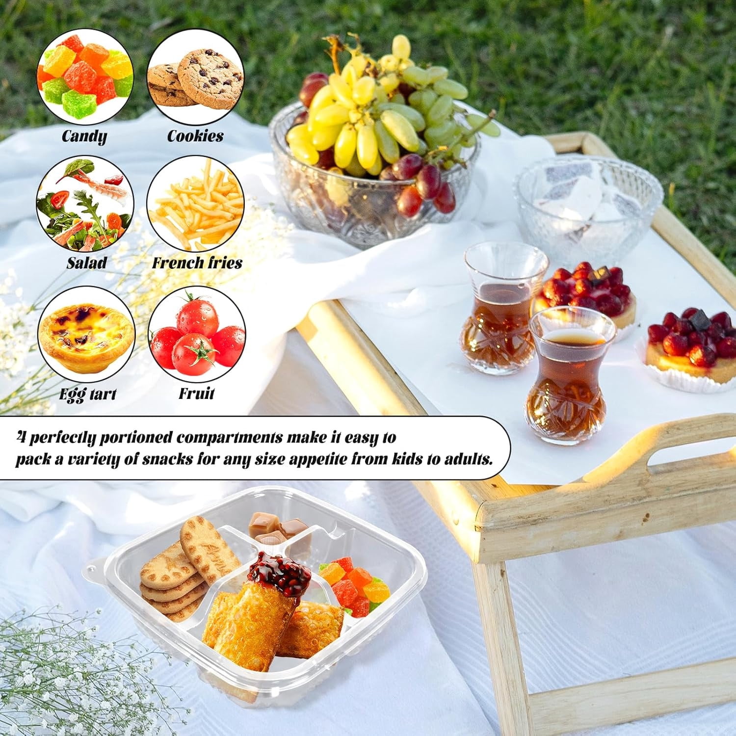 50 Pcs Disposable Clear Plastic Bento Boxes,4 Compartment Snack Containers Leakproof Food Container,Stackable Travel Lunch Boxes with Lids Divided Food Storage Containers for  Work Travel