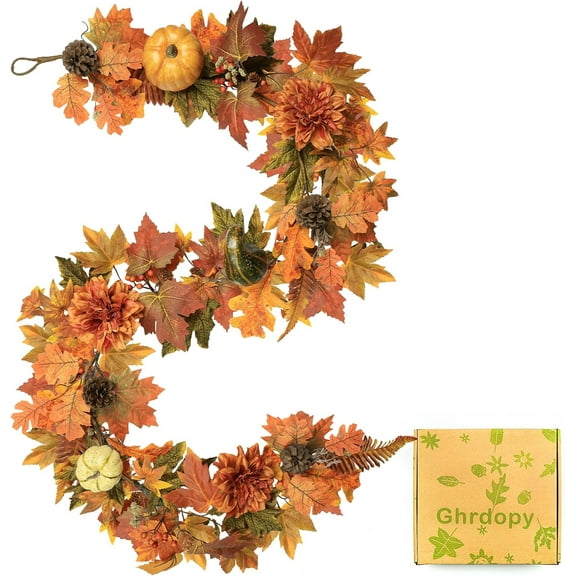 Bootesun Artificial Fall Maple Leaves Garland Hanging Vine, 6Ft Fake Pumpkin Pine Berries Autumn Decoration Garland Decor for Fireplace Home Doorway Party Indoor Outdoor