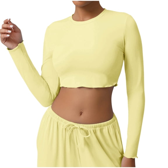 Lenpel Women's Crop Tops Long Sleeve Crew Neck Solid Color Cropped T Shirts Workout Gym Tees Casual Athletic Blouses(Yellow,X-Large)