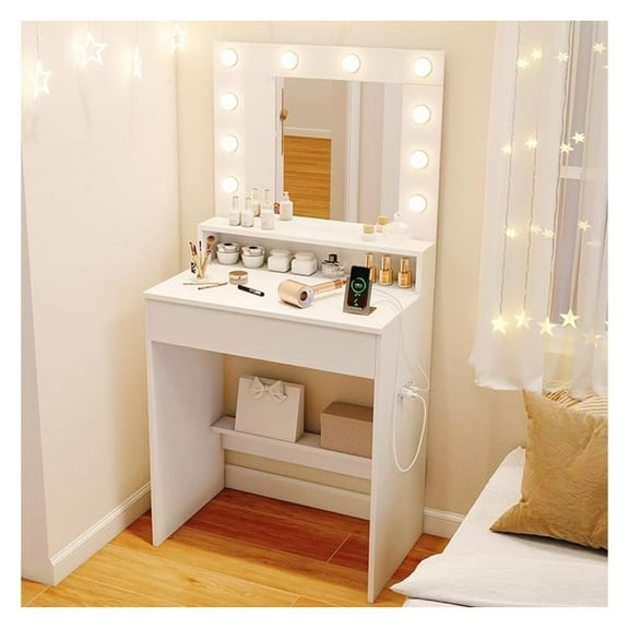 Vanity Desk with Mirror and Lights, White Makeup Vanity Table with Charging Station, Drawer & Shelves, 3-Color Dimmable Lighting, Compact Dressing Table for Small Bedroom Narrow Space