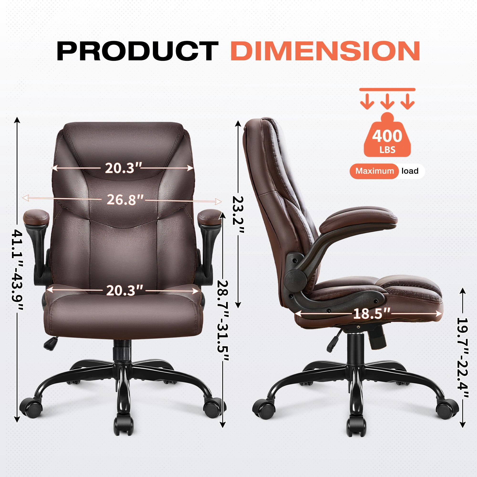 JONPONY Leather Office Chair, Big and Tall Office Chair 400LBS Wide Seat Ergonomic Computer Desk Chair High Back Executive Leather Chair Adjustable Task Chair, Brown