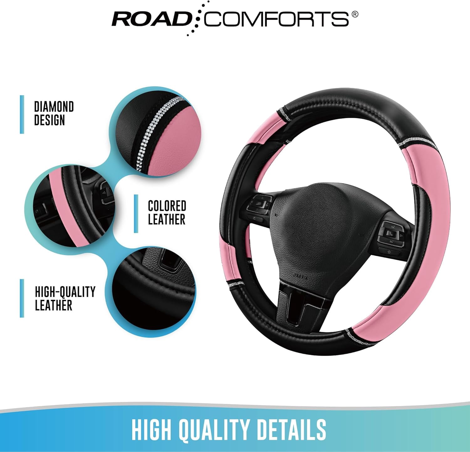 Leather Steering Wheel Cover - Made with PVC Leather - Anti-Slip, Universal Fit 14 1/2 inches to 15 inches - Pink