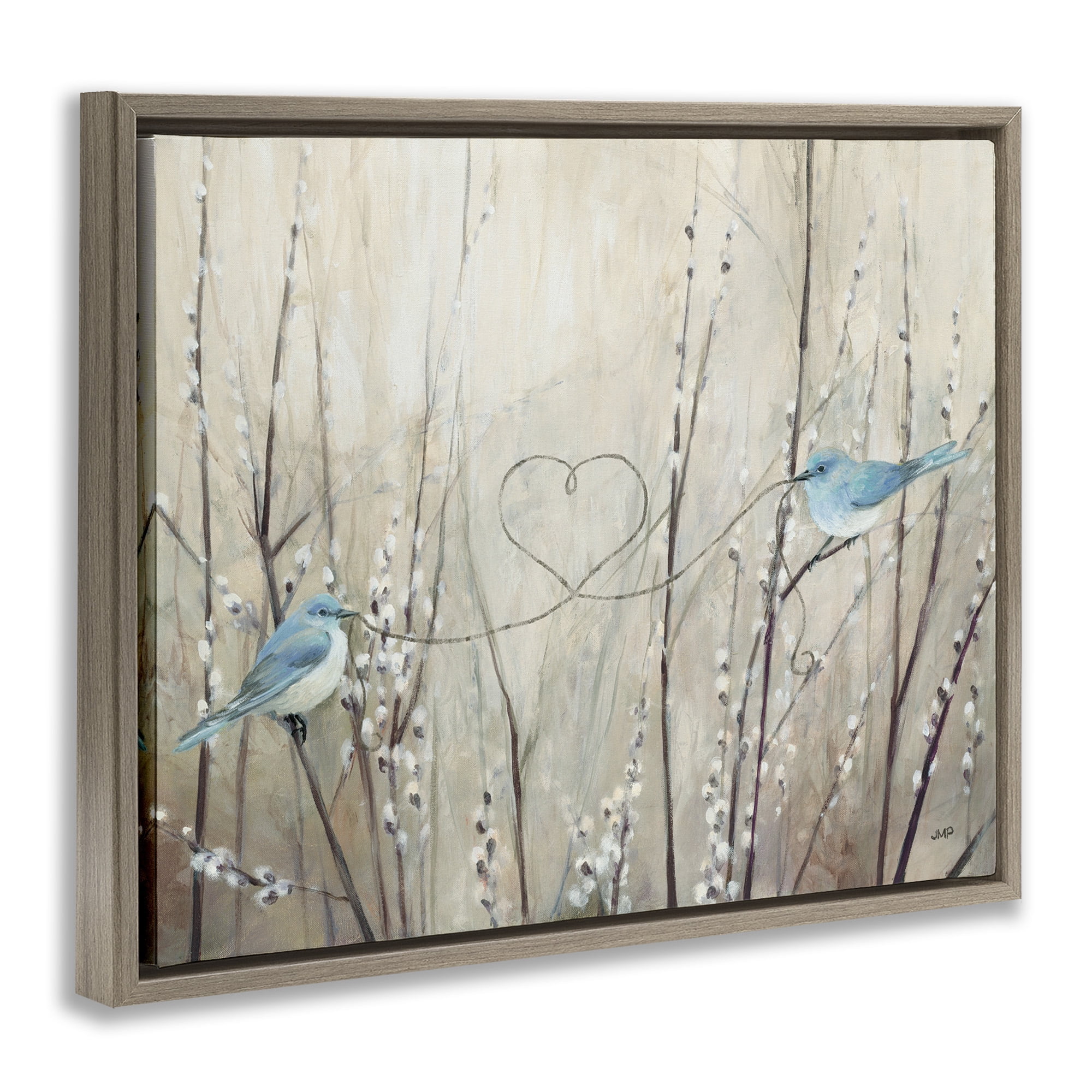Stupell Industries Love Birds with Heart Shape Animals & Insects Painting Brown Floater Framed Canvas Art Print Wall Art, 21 x 17