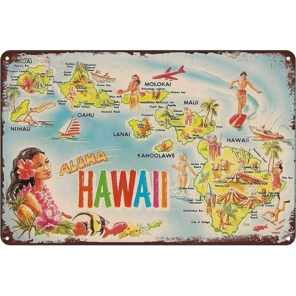 Vintage Metal Tin Signs - Funny Hawaiian Islands Map Hawaii Plaque Wall Art Poster Decor for Home Bar Pub Club Hotel Garage 12x8 Inches