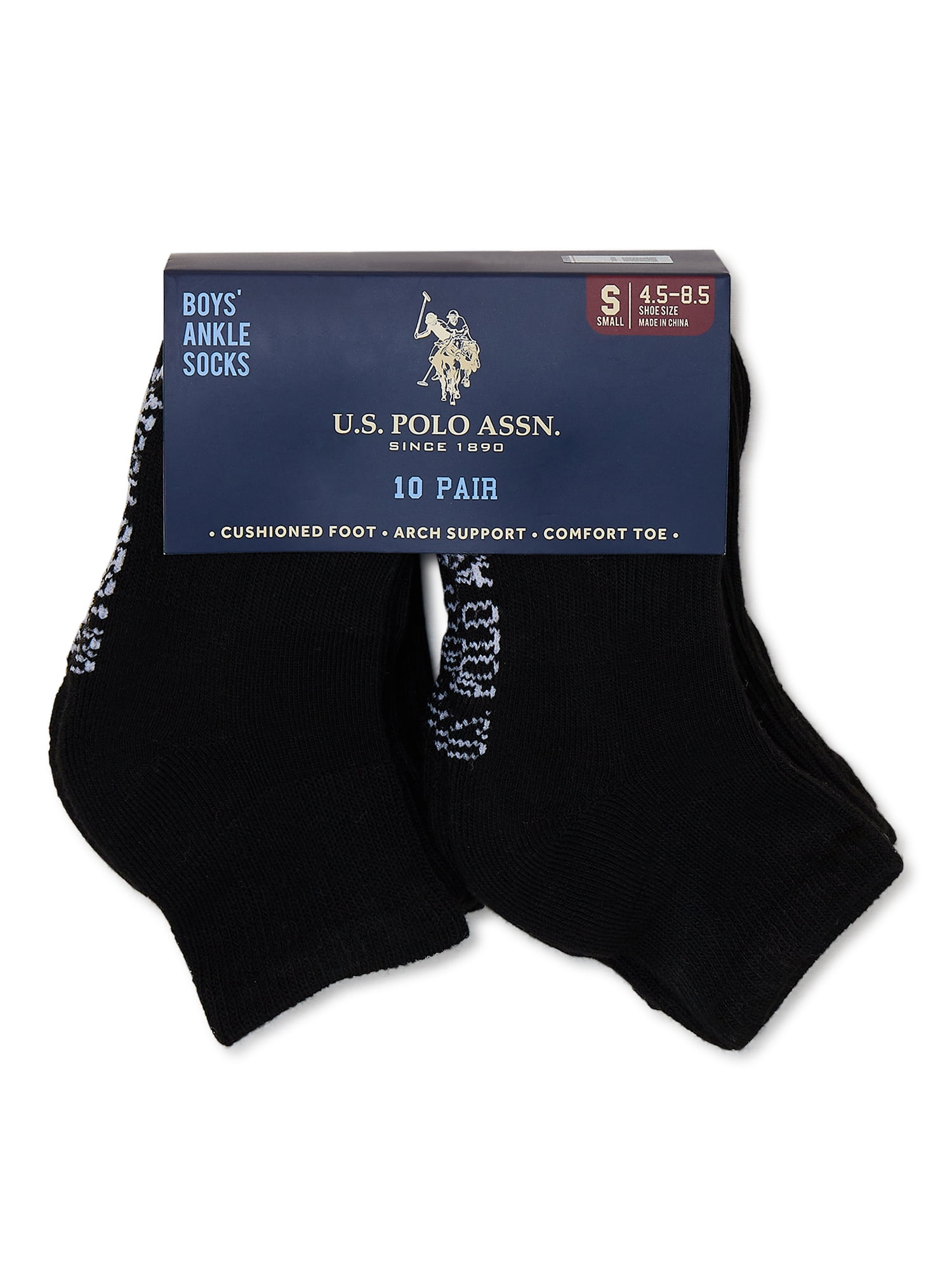 U.S. Polo Assn. Boys Ankle Socks, 10-Pack, Sizes S-L
