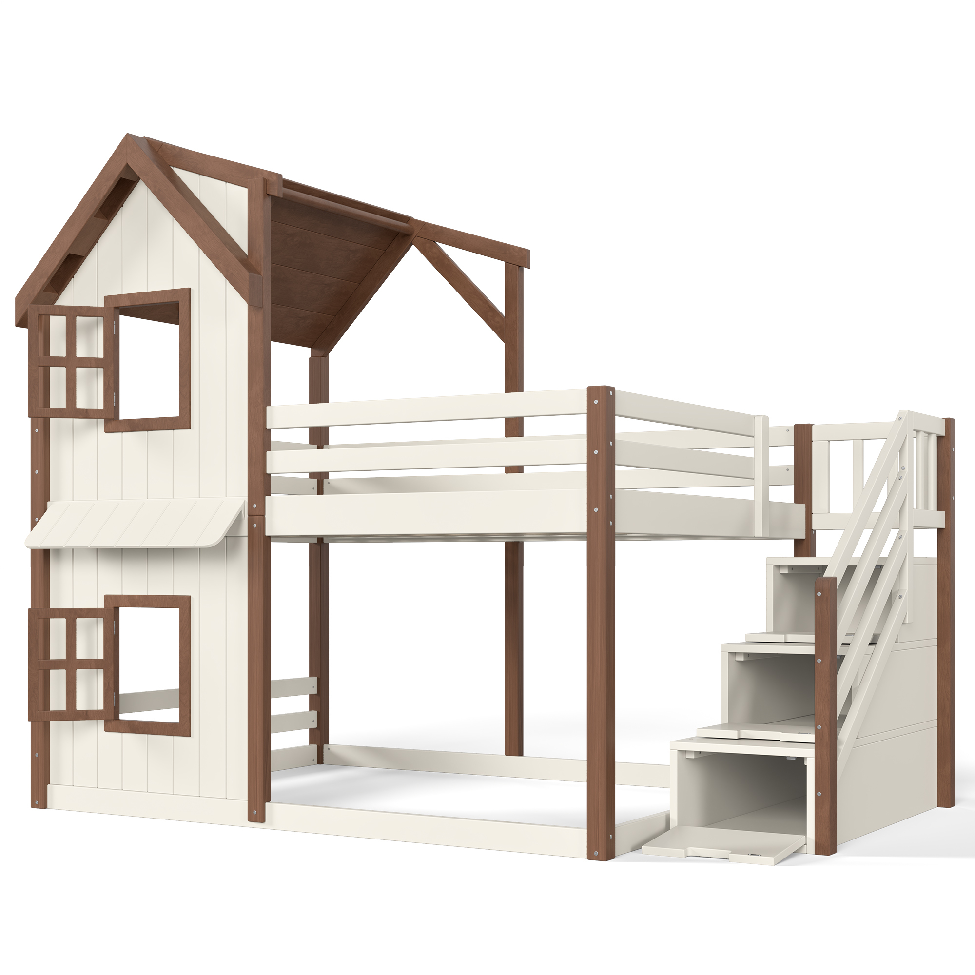 Leumius Full over Full House Bunk Bed with Storage Stairs, Kids Playhouse Bunk Bed with Roof and Windows, Solid Wood Bed Frame with Multifunctional Lower Space, Beige & Natural